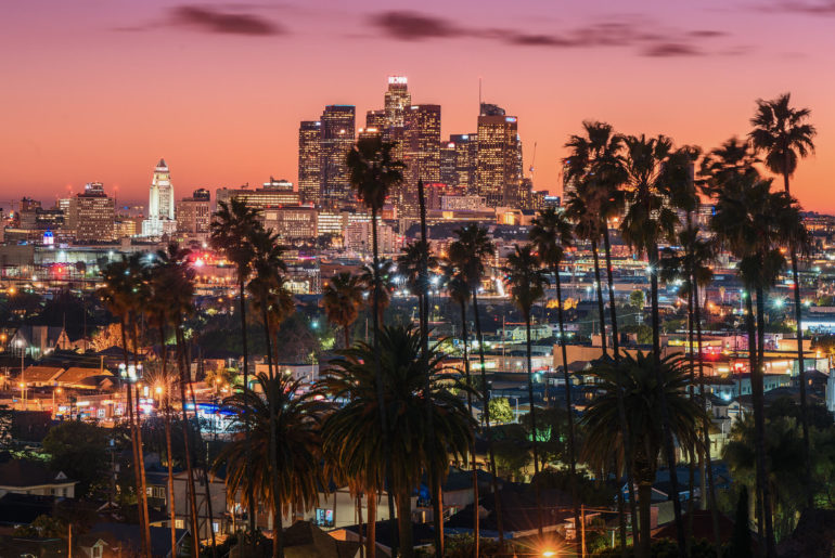 a city skyline at night with palm trees in the foreground.