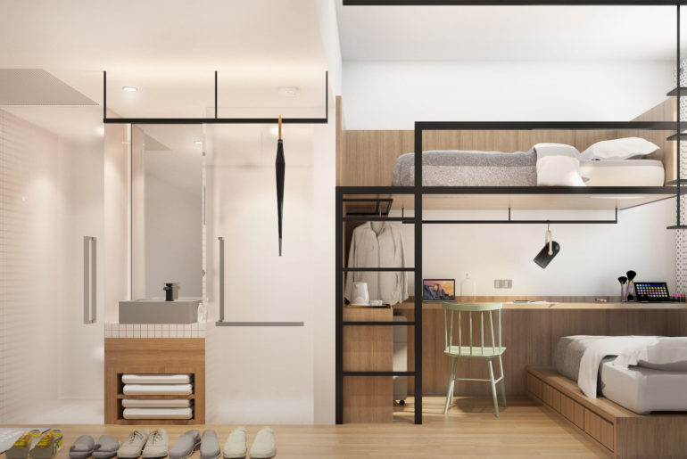 a LYF bedroom with a bunk bed and a desk.