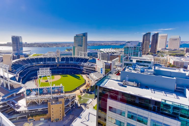 An aerial view of a baseball stadium in East Village.