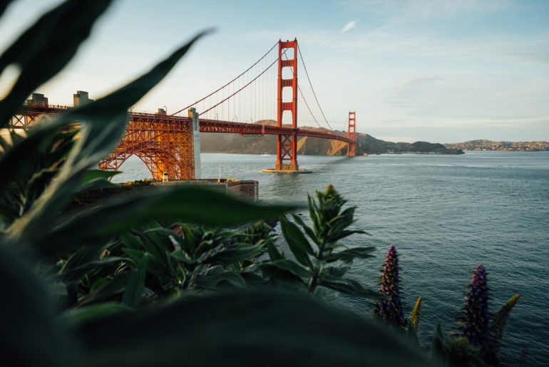 a view of the golden gate bridge from across the bay.