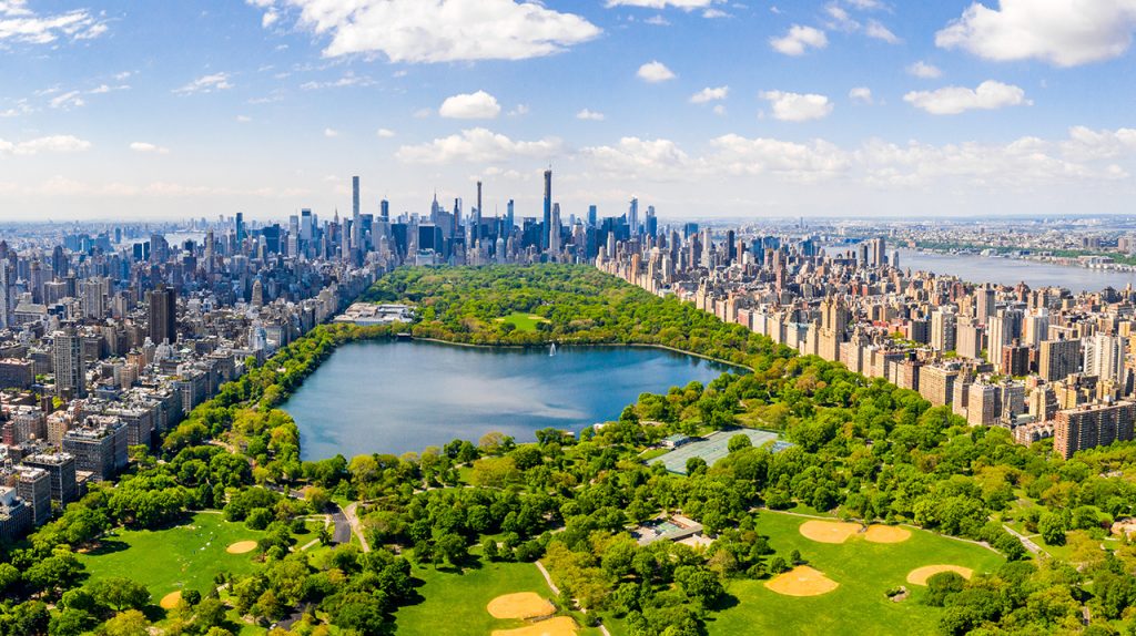 An aerial view of Central Park in New York City, perfect for a workation.