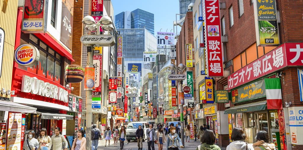 Busy shopping street in Shibuya, Tokyo