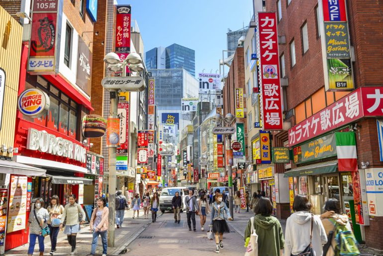 Busy shopping street in Shibuya, Tokyo